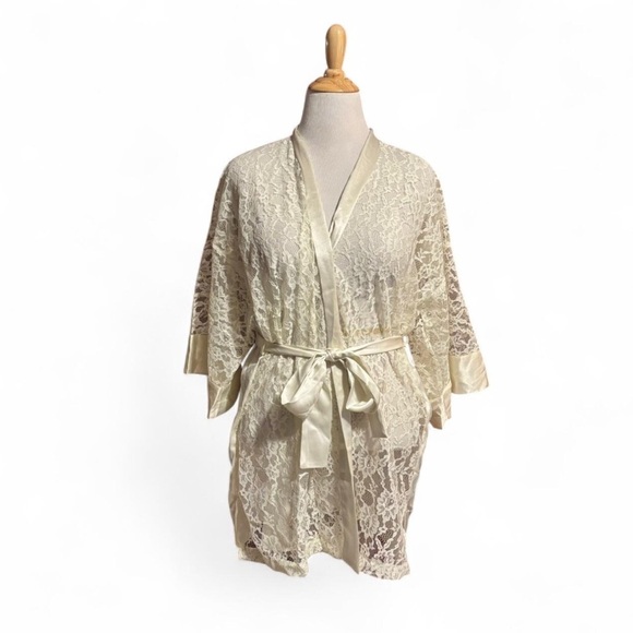 Victoria's Secret Other - VTG Victoria Secret Gold Label OS Sheer Lace Mini Robe Ivory Satin Floral Kimono